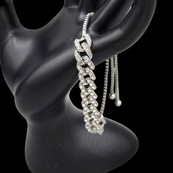 Silver Tone Encrusted Rhinestone Bracelet Flat Link Adjustable Bolo Clasp - Picture 3 of 4